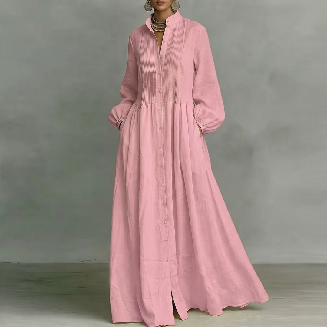 Robe maxi rose pâle col montant boutonnée coupe volumineuse et légère