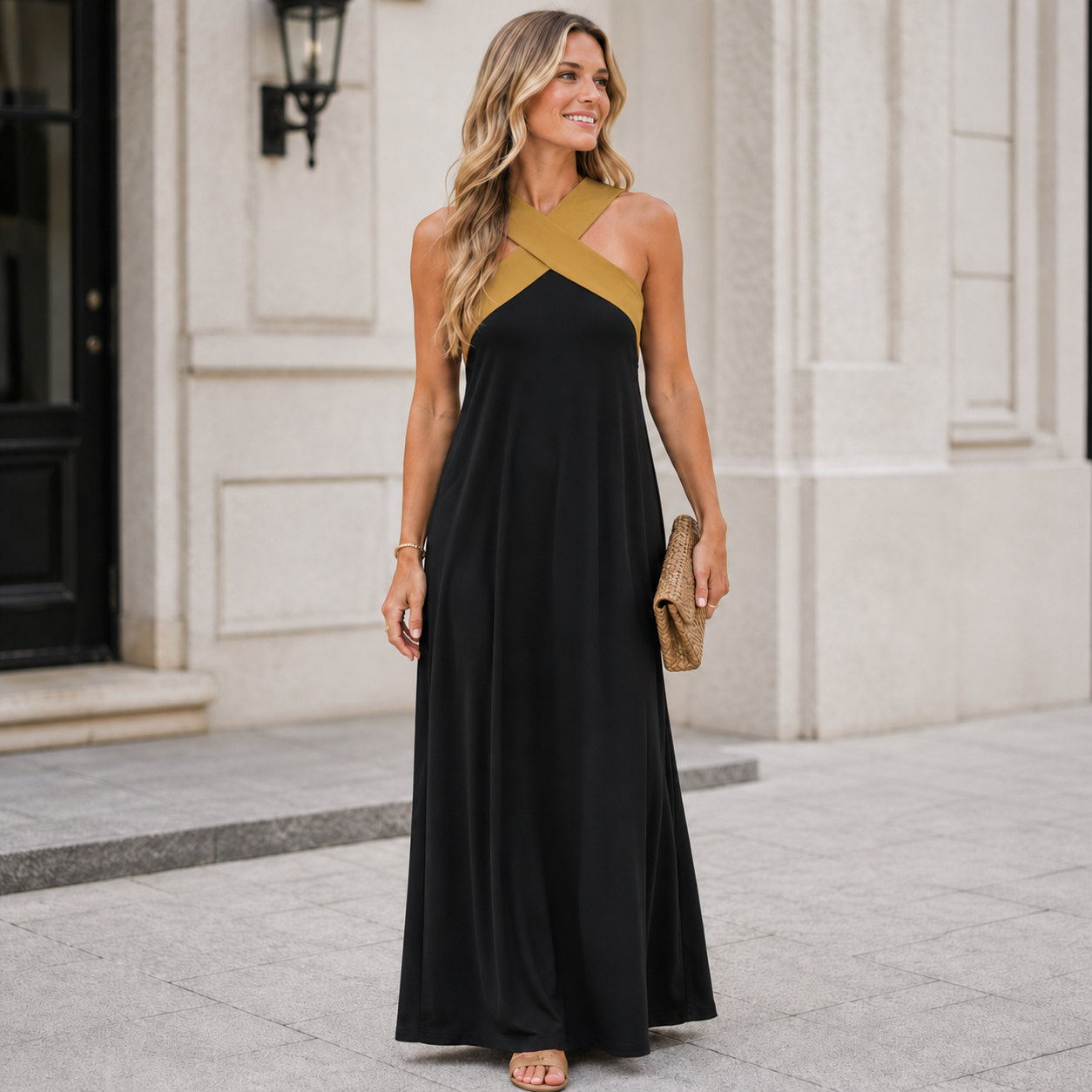 Robe longue noire à col halter croisé, coupe ample et fluide