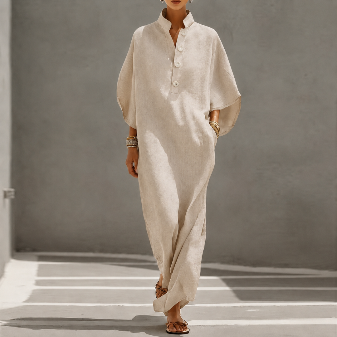 Robe maxi beige col montant boutonné et manches chauve-souris, allure bohème oversize