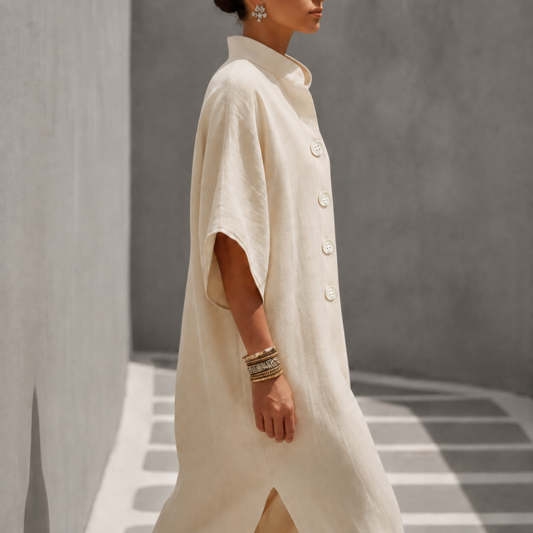 Robe longue beige de profil avec boutons et fente latérale, coupe ample