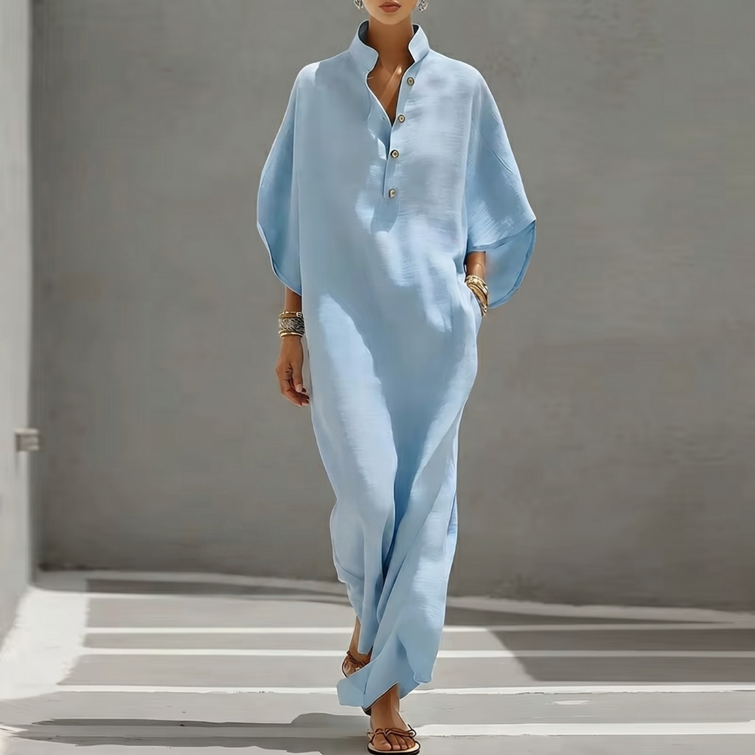 Robe maxi femme bleu clair col montant manches chauve-souris coupe fluide