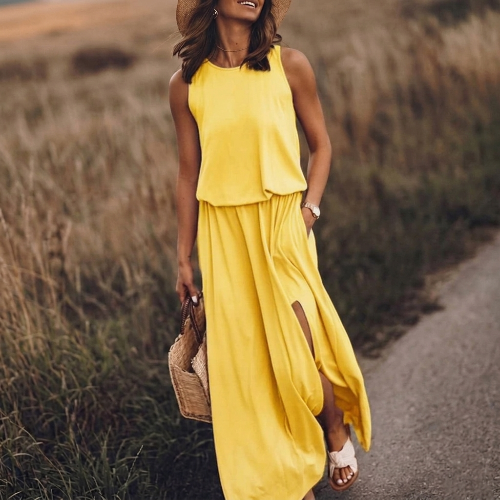 Robe longue jaune fluide, col rond et sans manches, vue complète