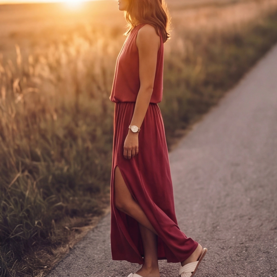 Robe longue rouge portée en extérieur, silhouette de dos