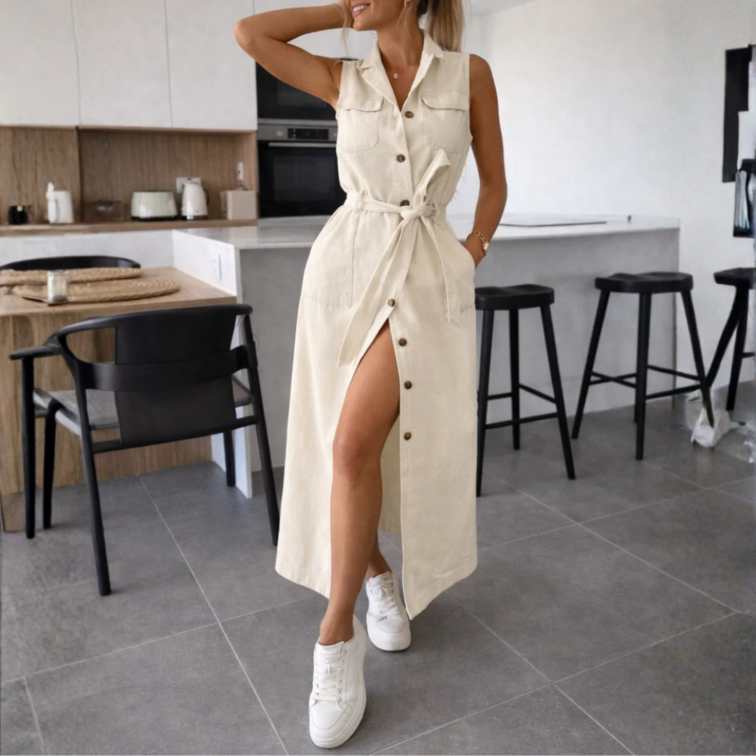 Robe maxi en jean blanc cassé boutonnée avec ceinture nouée