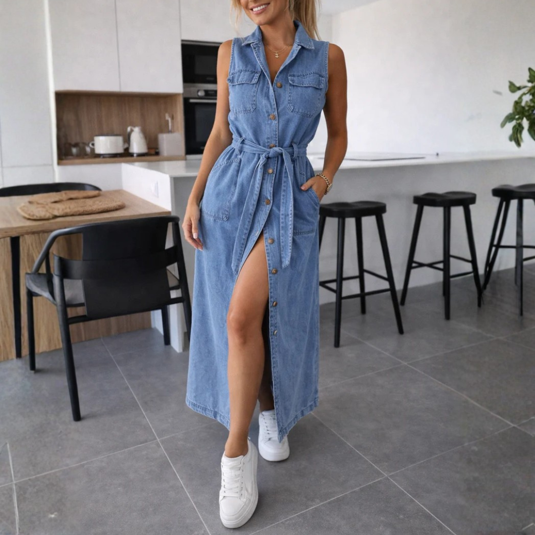 Robe bleu portée avec sneakers blanches, vue complète