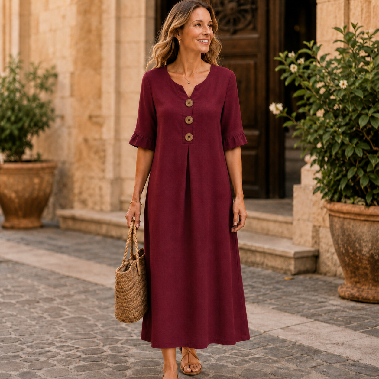 Robe maxi bordeaux boutonnée à plis portée dans un cadre ensoleillé