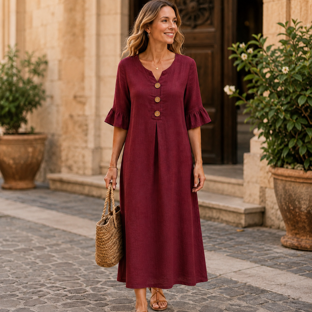 Robe maxi rouge avec col en V et manches 3/4 volantées