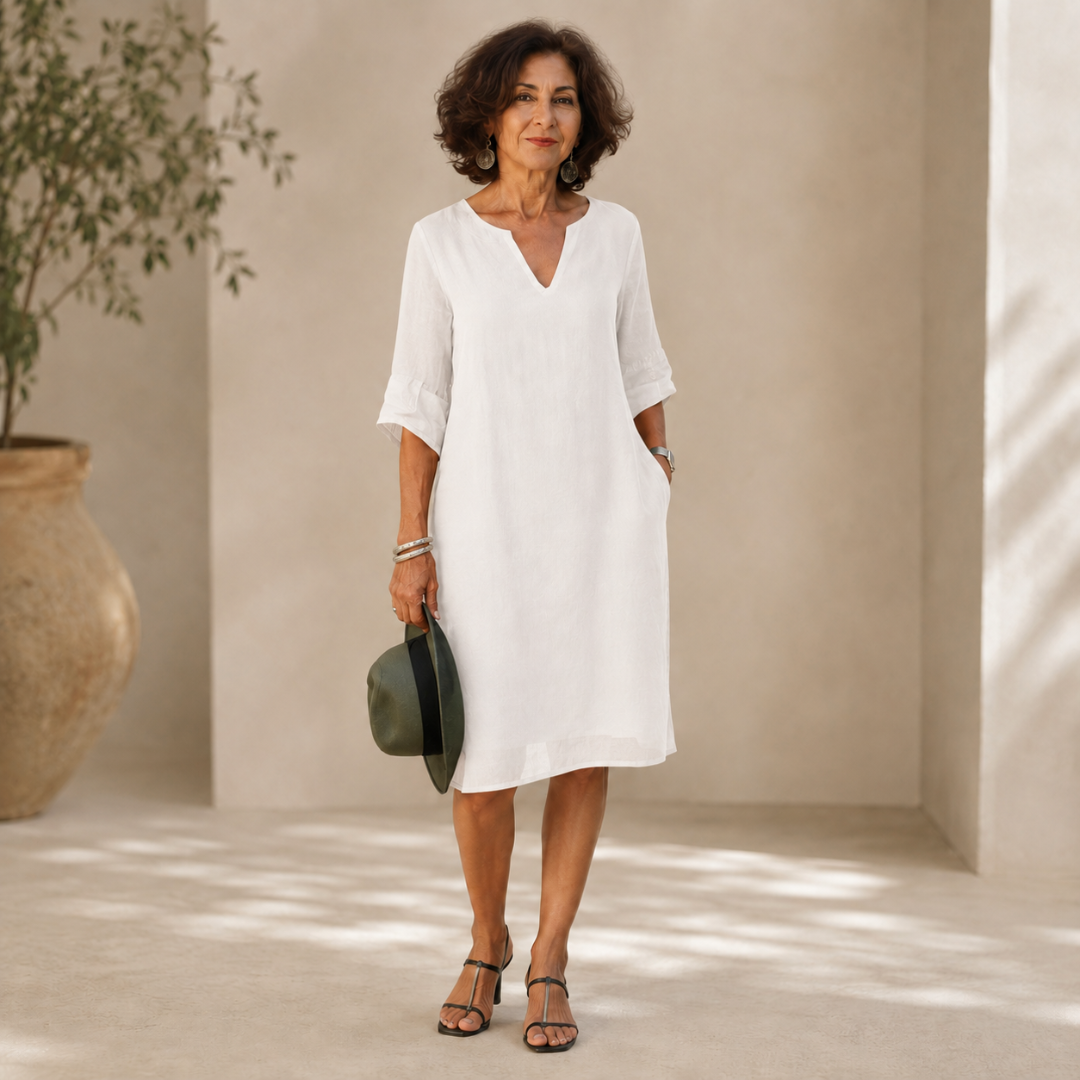 Robe femme blanche à col V fendu et manches 3/4 estivale
