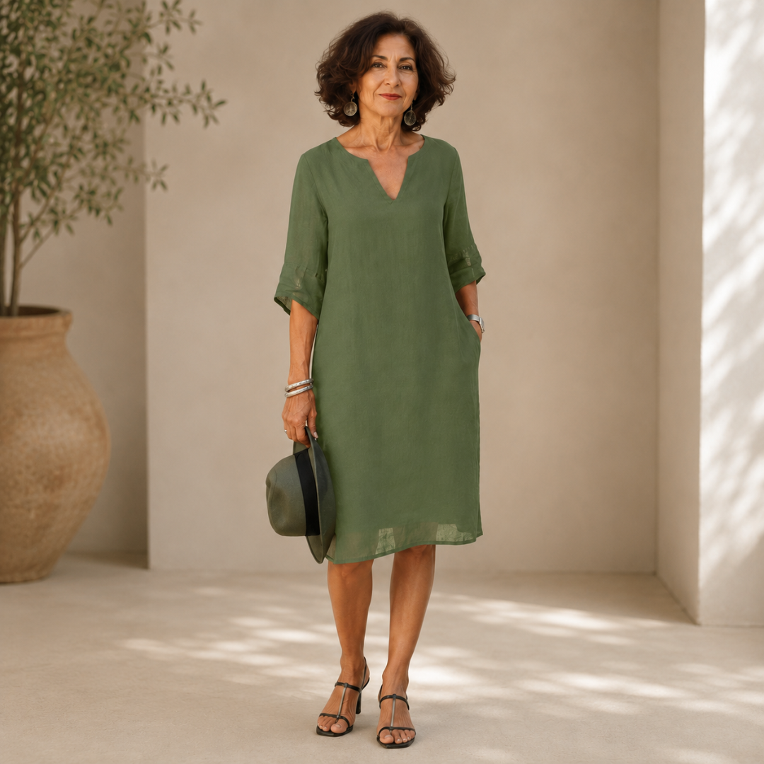 Robe femme vert olive à manches 3/4 retroussables et poches