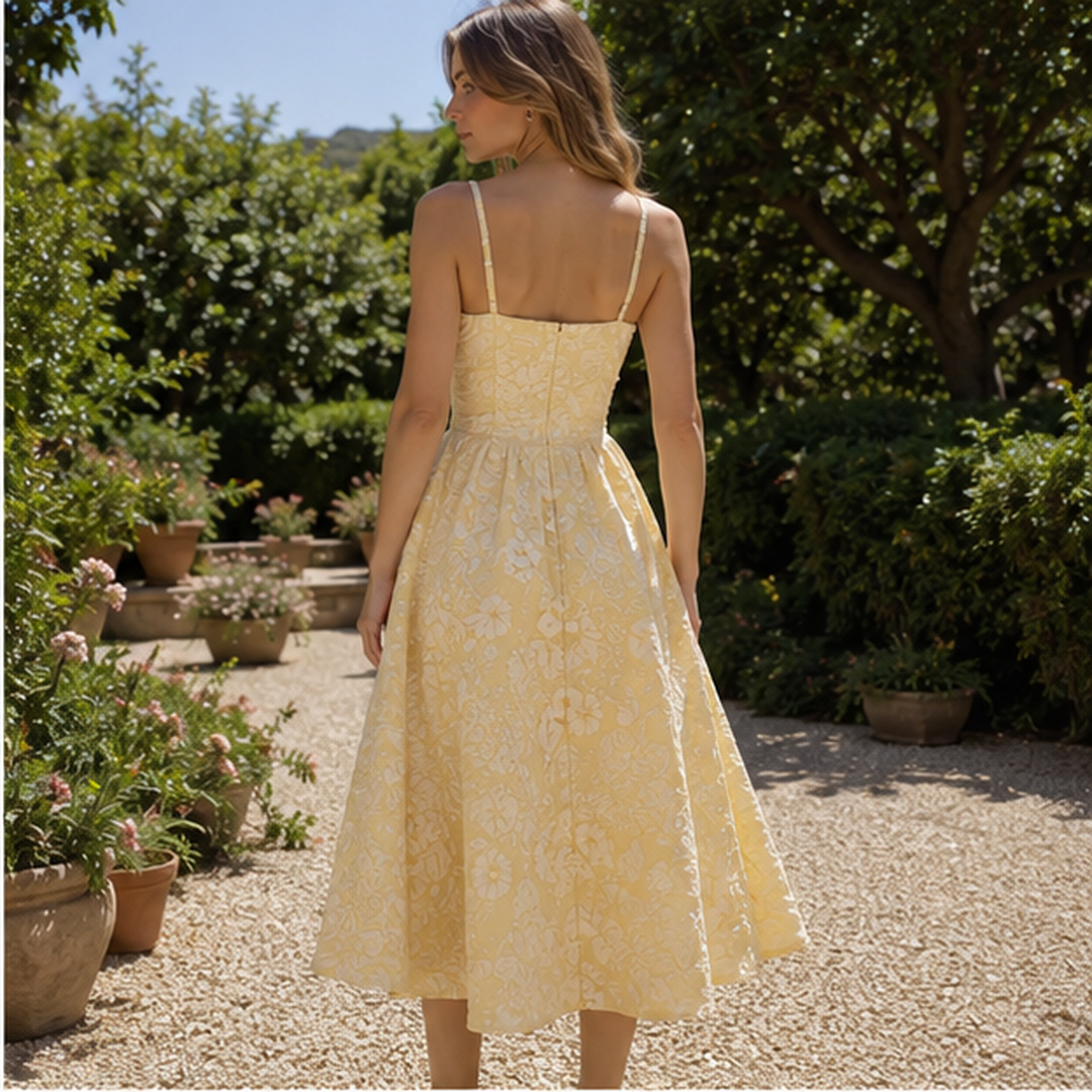 Dos de la robe midi jaune avec bretelles croisées, fermeture dorsale et jupe plissée