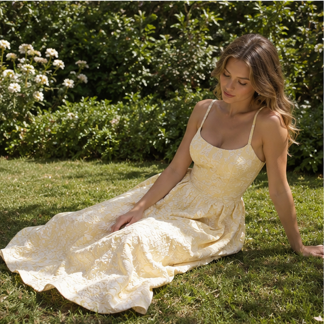 Robe jaune à col carré vue de près, motif floral en relief sur la jupe étalée