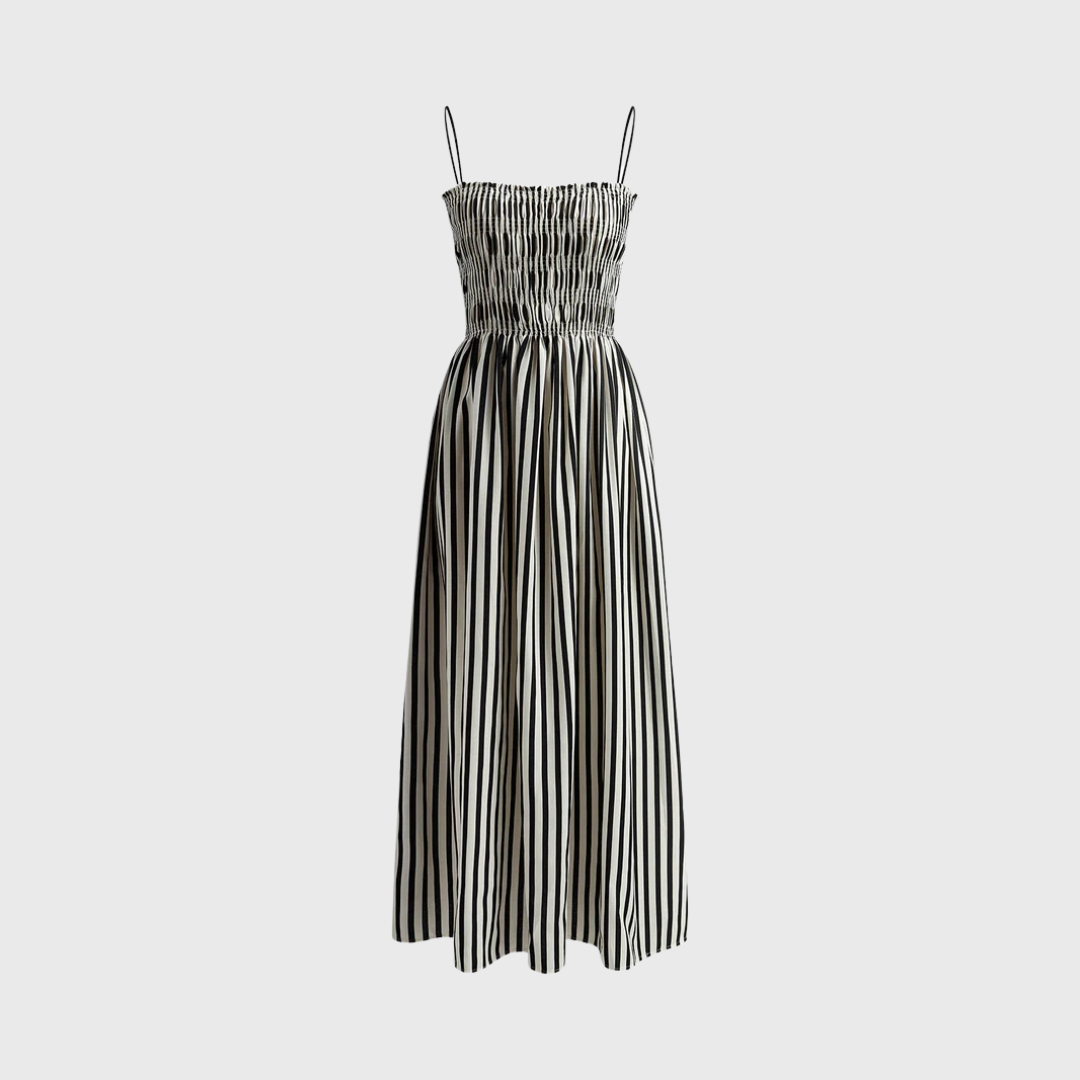 Robe Iris rayée noire à plat, détail de la coupe midi