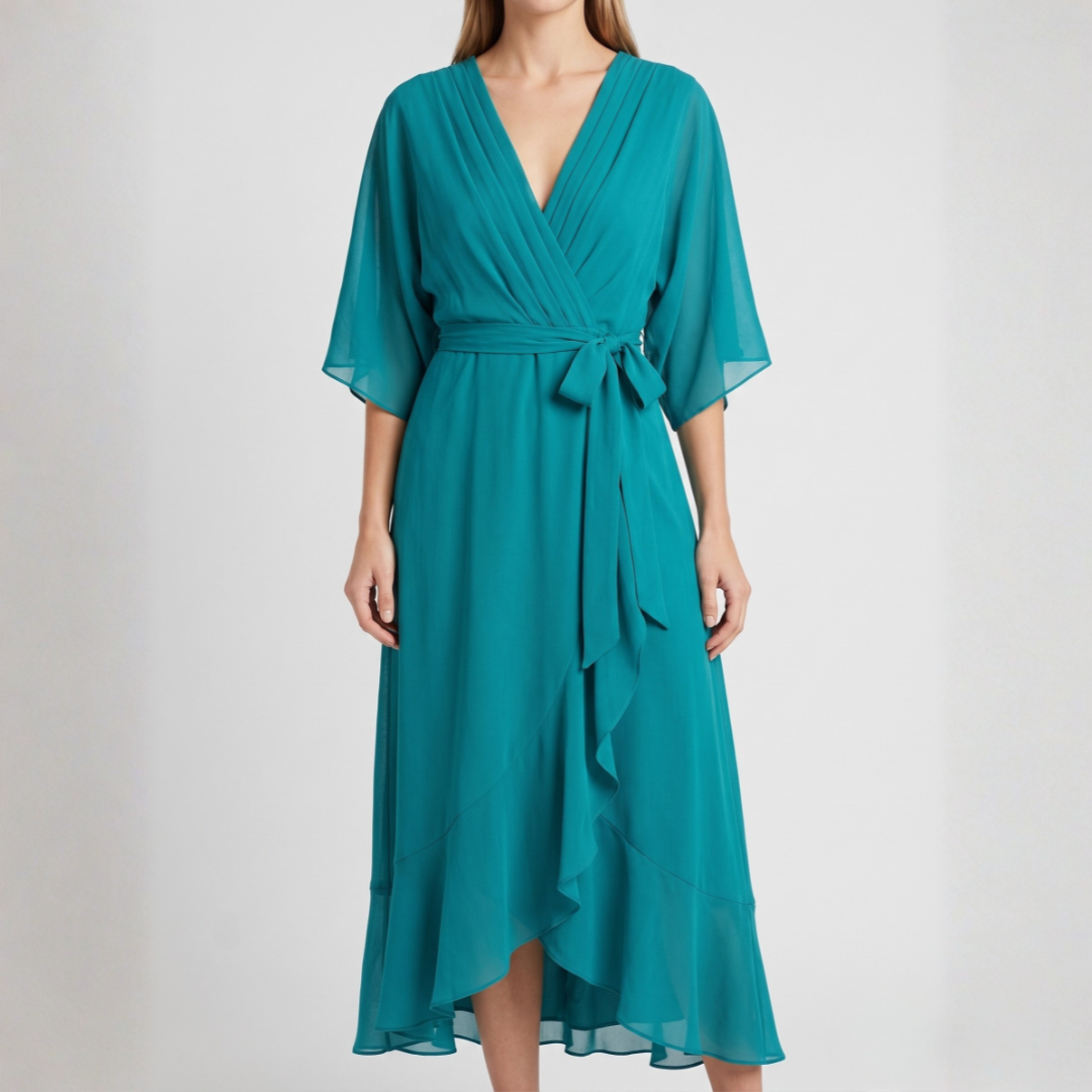 Robe midi cache-cœur bleu-vert à col V et ceinture nouée