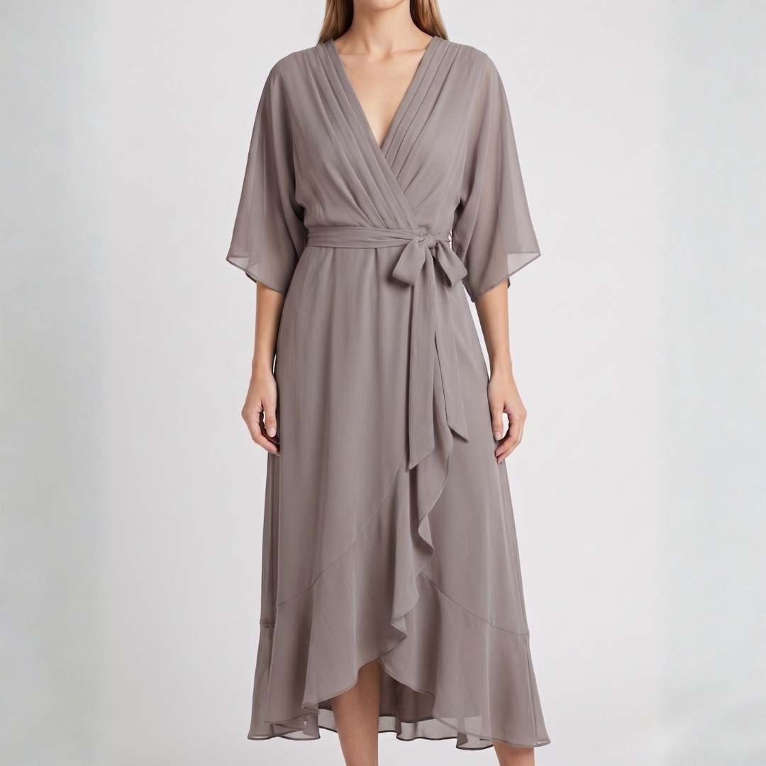 Robe midi cache-cœur grise à col V et ourlet volanté