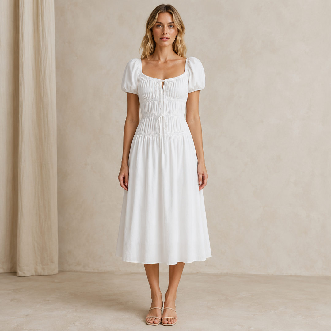 Robe midi blanche à buste froncé, encolure carrée nouée et manches courtes bouffantes