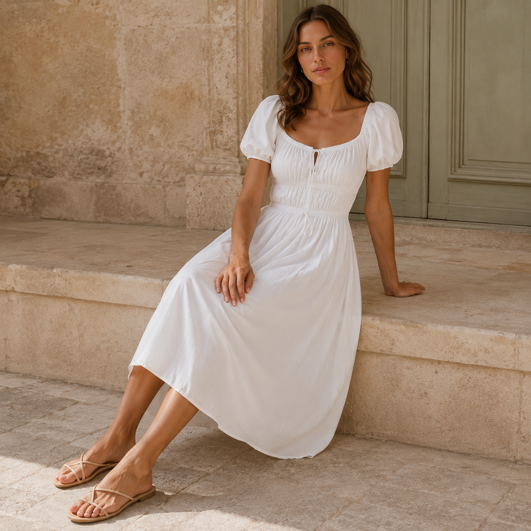 Robe midi blanche assise en extérieur, détail du lien noué et buste froncé