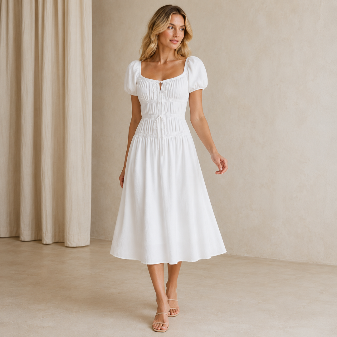 Robe midi blanche en mouvement, manches bouffantes et jupe évasée fluide