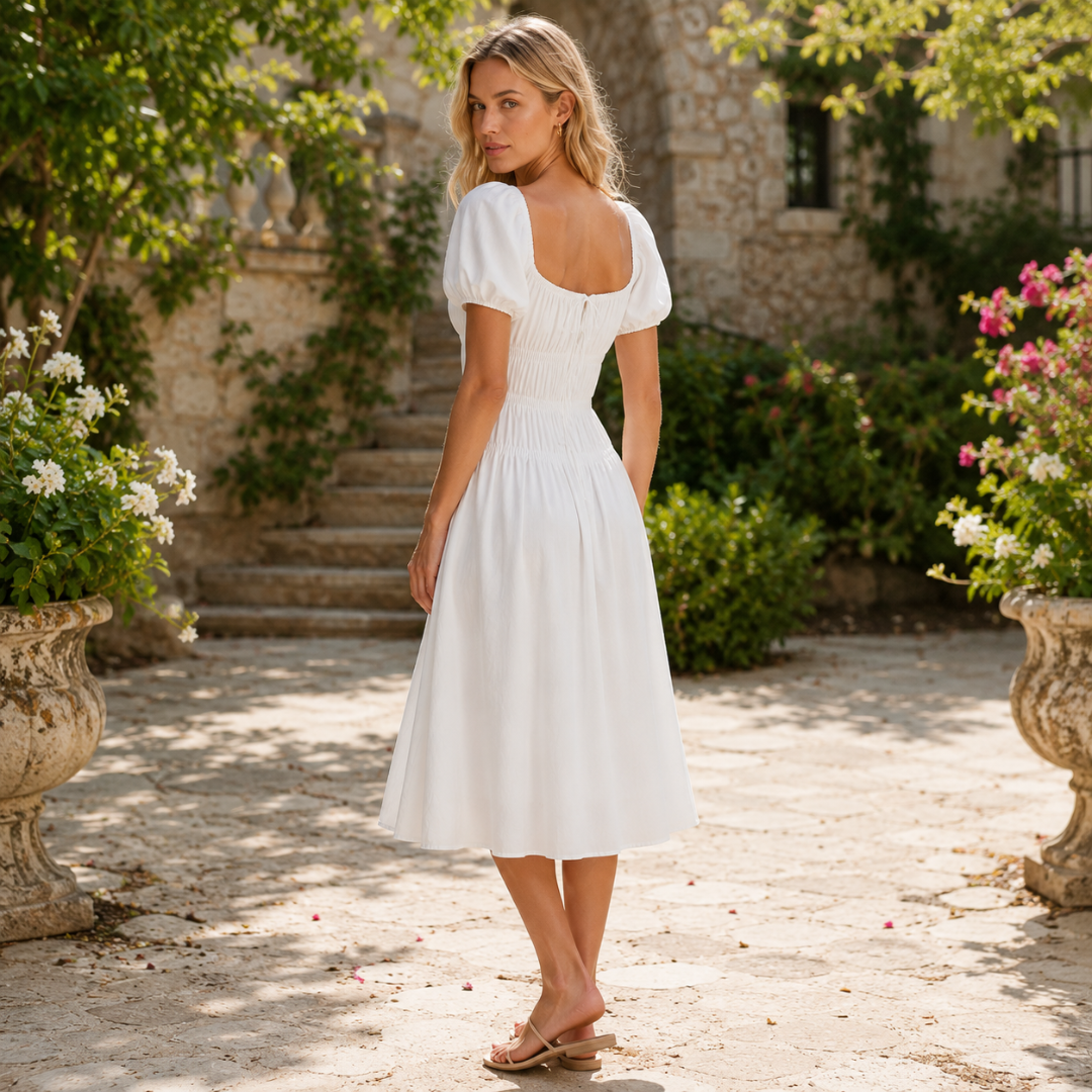 Dos de la robe midi blanche dans un jardin, jupe ample et tombé gracieux