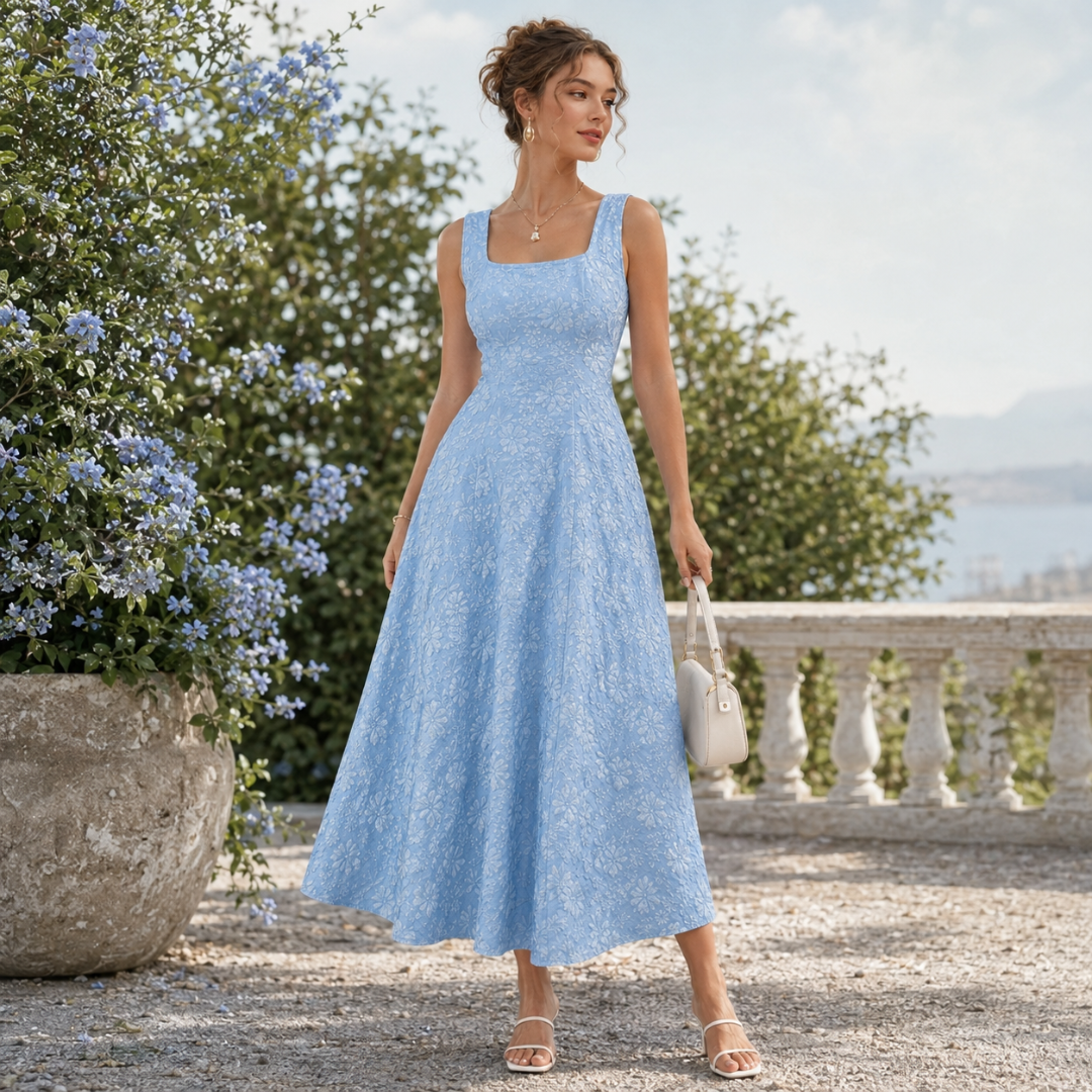 Robe midi bleu clair sans manches, fleurs en relief et longueur midi fluide