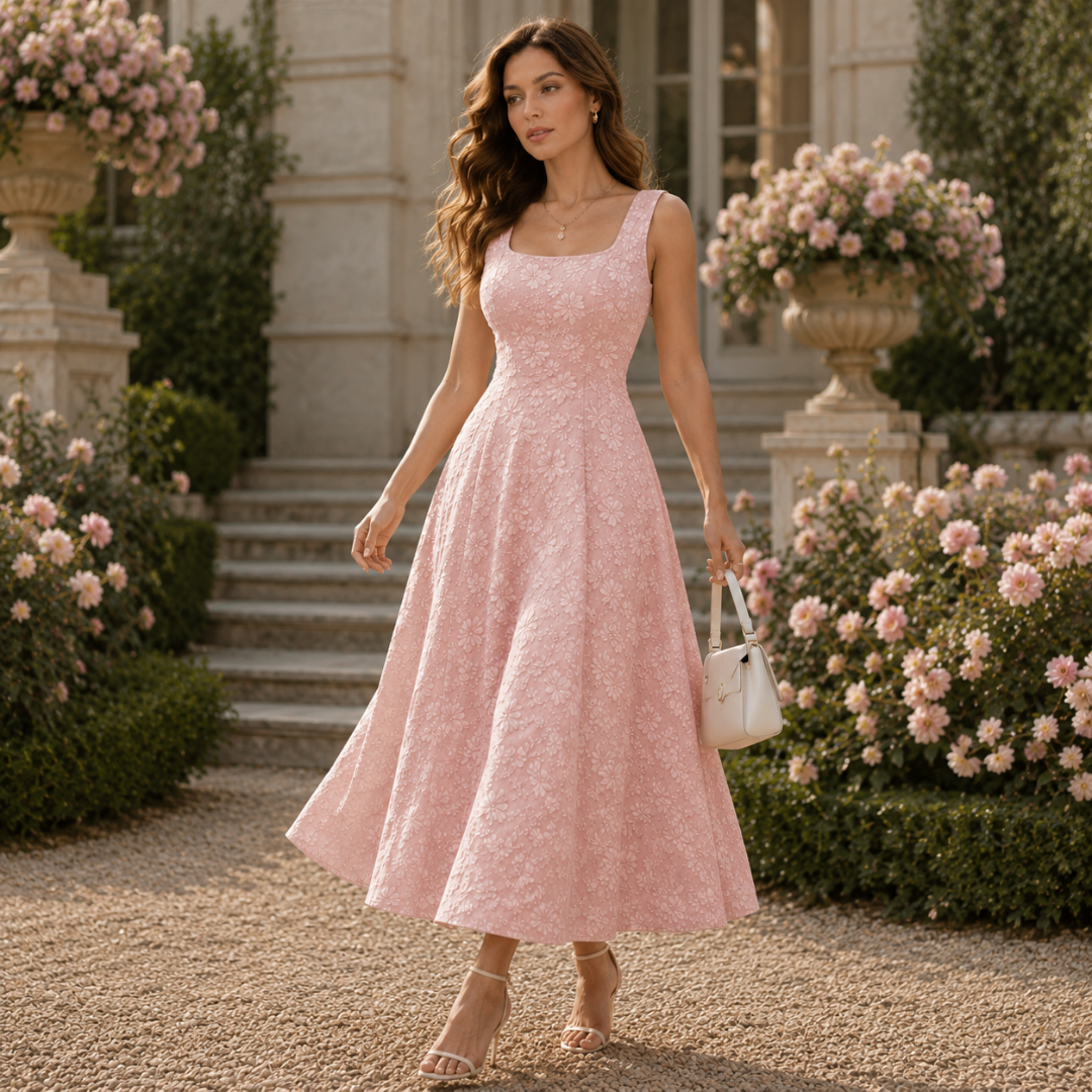 Robe midi rose à col carré et motif floral en relief, jupe évasée, portée en extérieur
