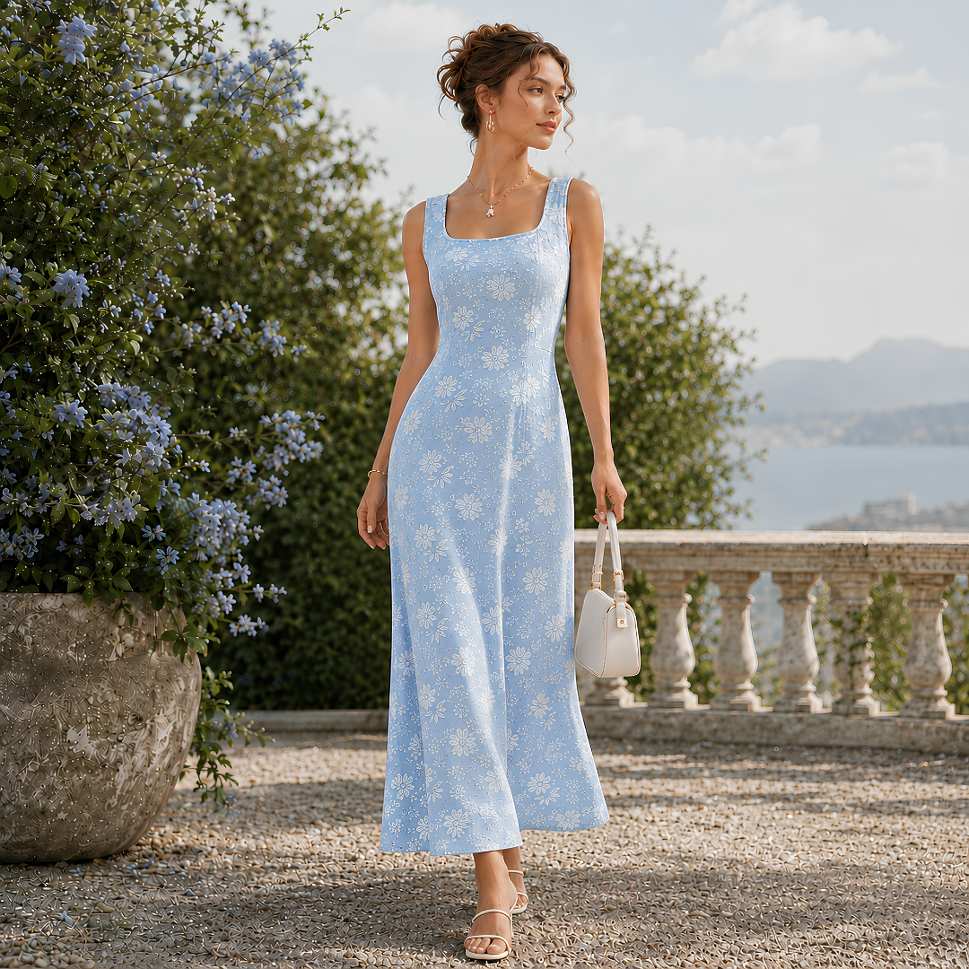 Robe midi bleu clair sans manches, taille ajustée et motif floral blanc