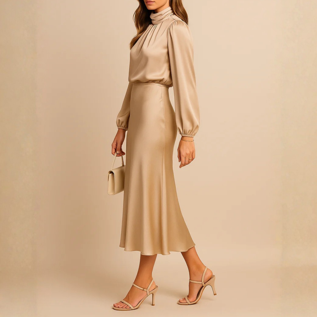 Robe abricot vue de dos, jupe midi fluide et évasée