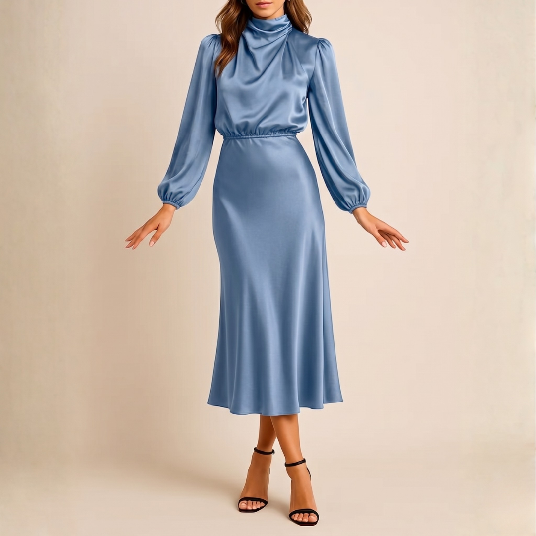 Robe midi bleu clair col montant, tombé doux et délicat
