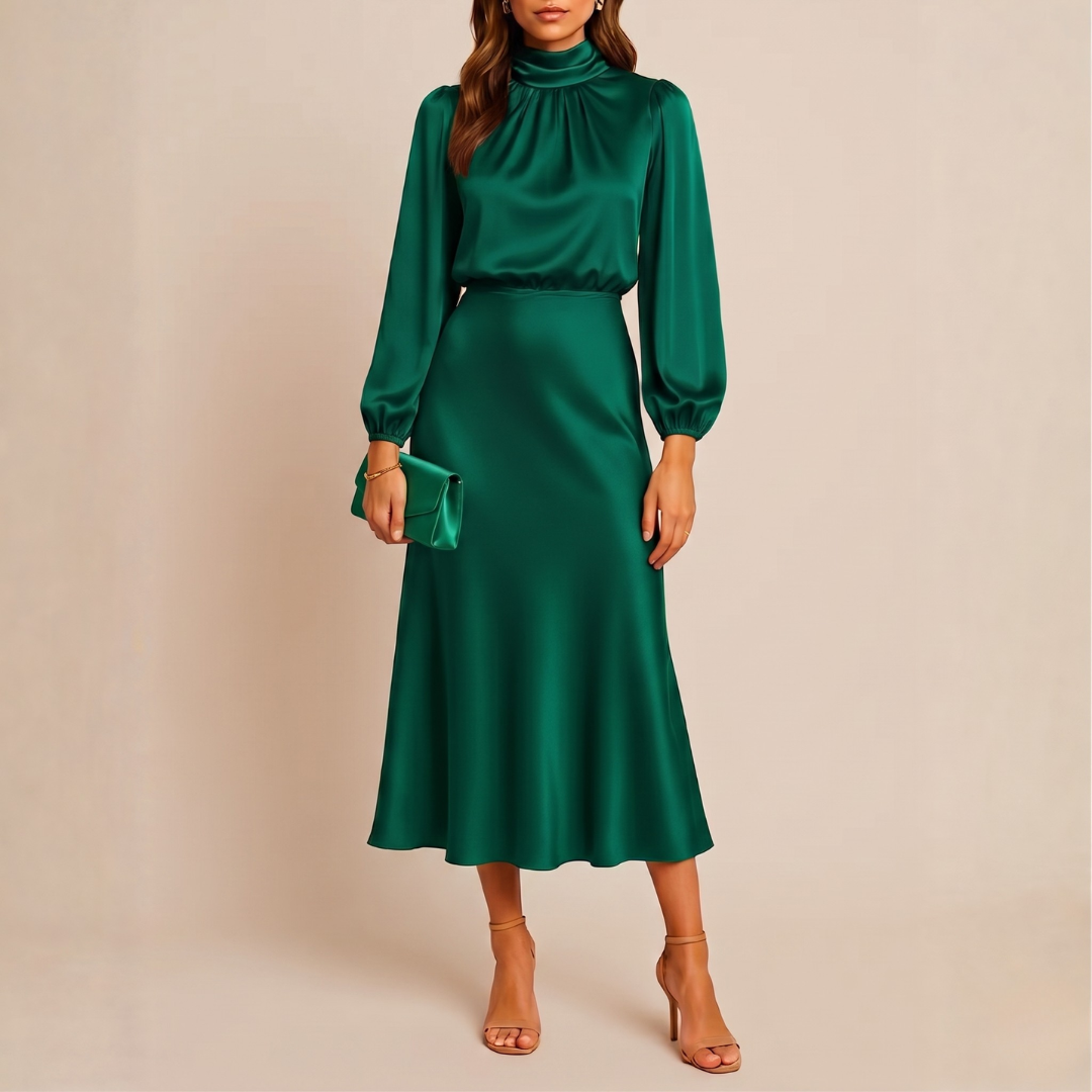Robe midi verte col montant, silhouette fluide vue de face