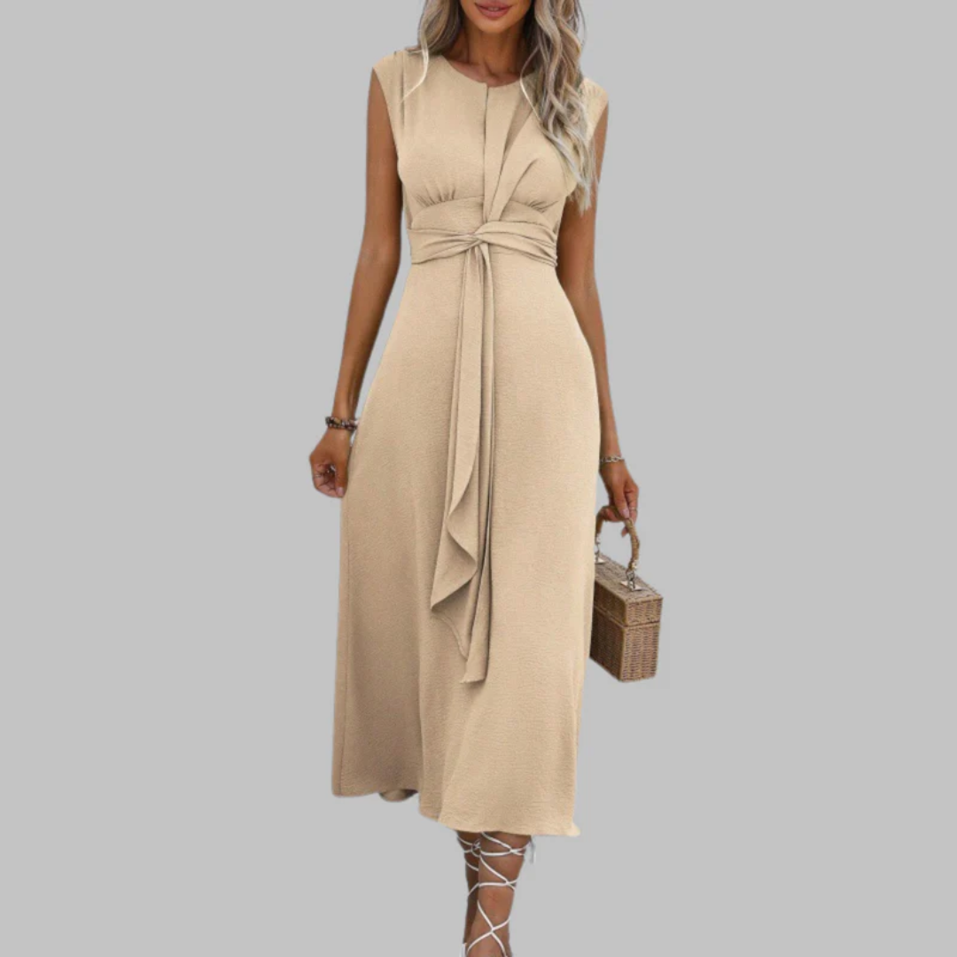 Robe midi abricot col rond sans manches avec ceinture nouée