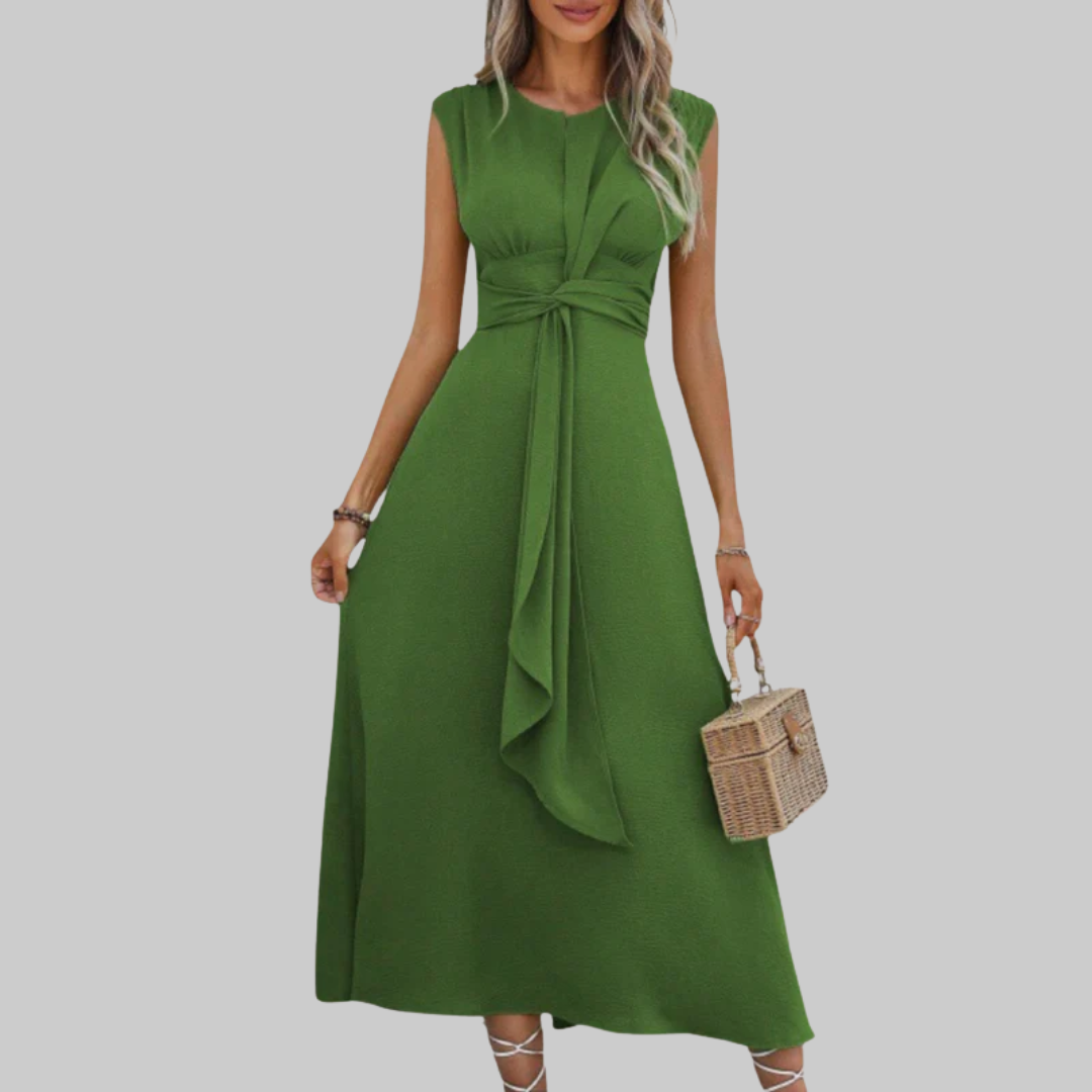 Robe midi vert armée col rond, silhouette fluide et ceinture nouée