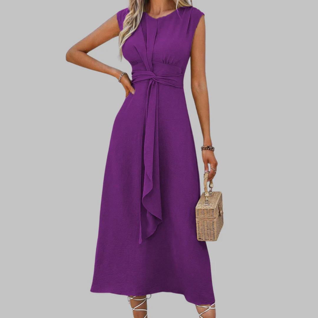 Robe midi violette sans manches, ceinture tissu nouée