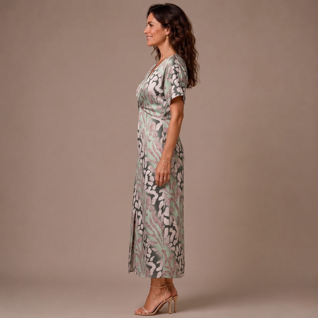 Robe midi cache-cœur vue de dos, tissu fluide imprimé animal multicolore