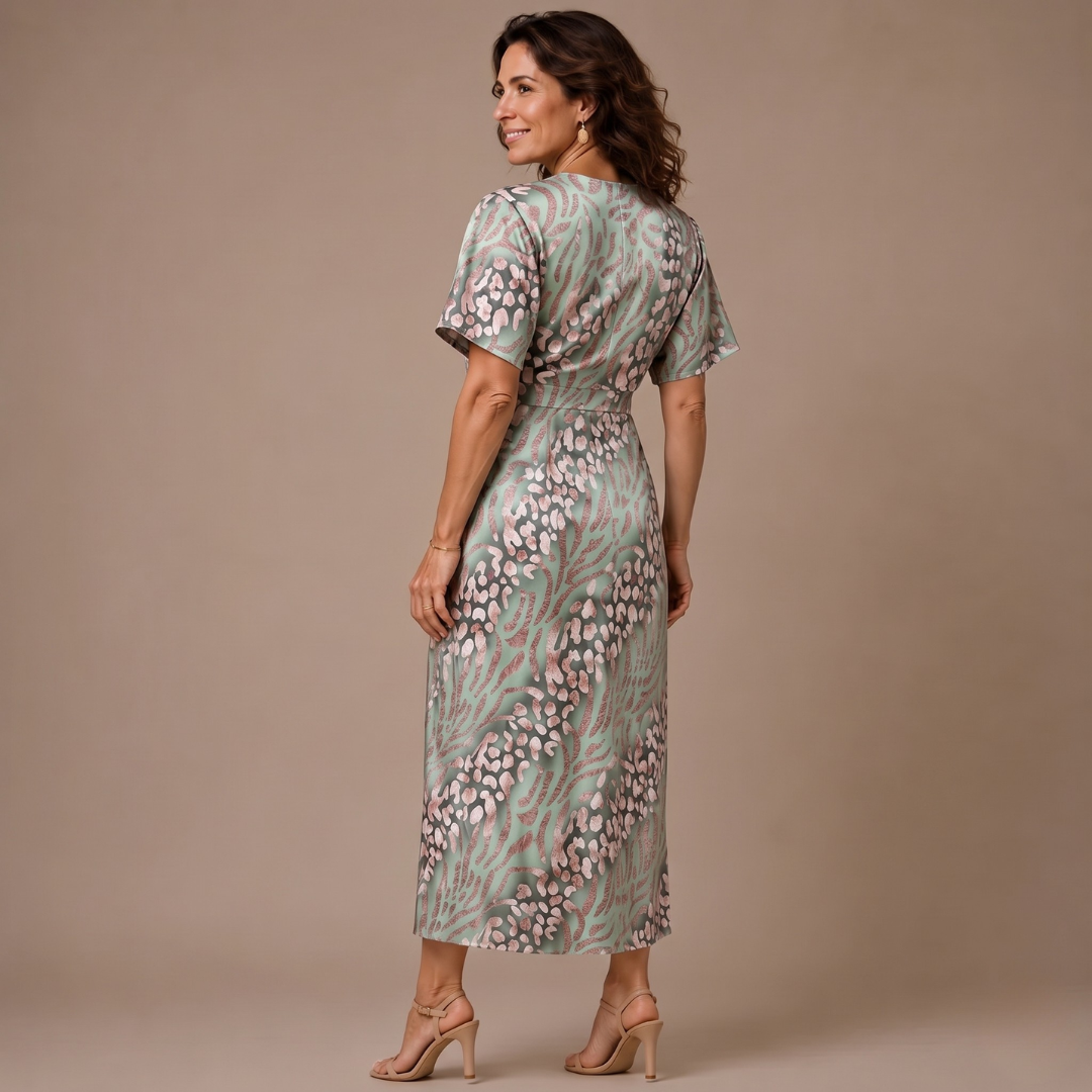 Robe femme midi imprimé sauge et rose, détail du nœud torsadé à la taille