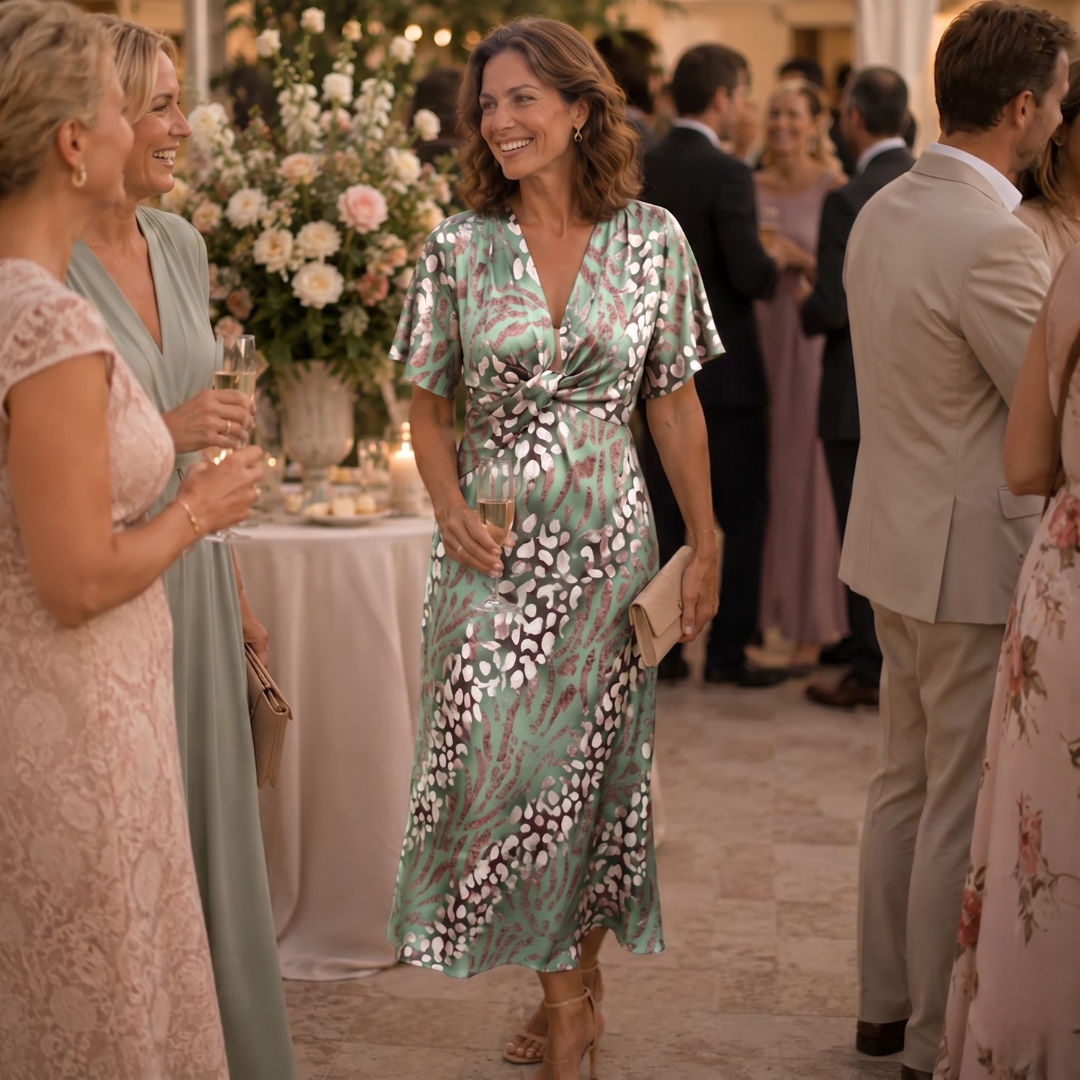 Robe midi col V imprimé animal portée lors d'un événement, ambiance festive