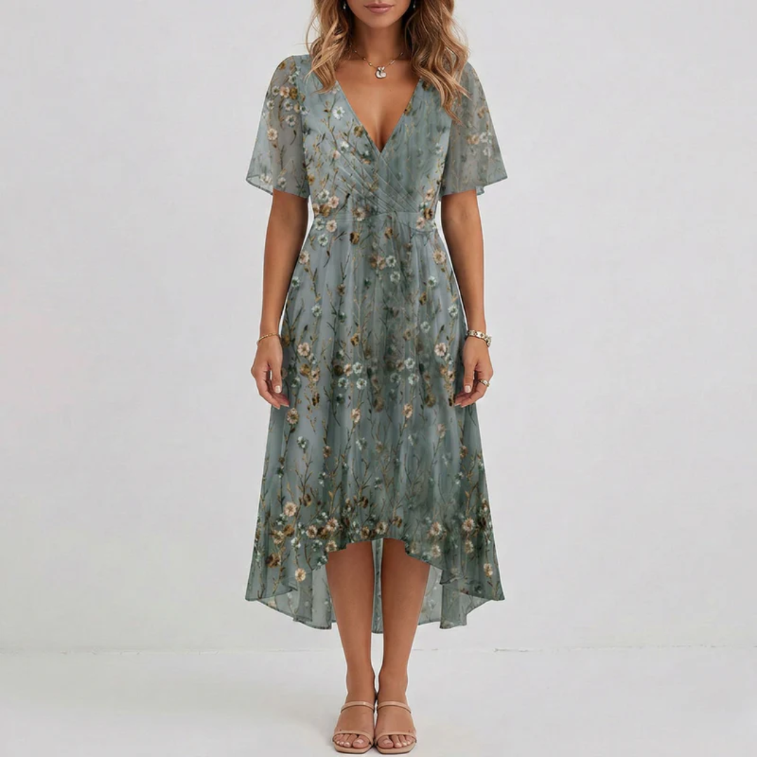 Robe midi florale bleu nuit à manches courtes, coupe fluide et élégante