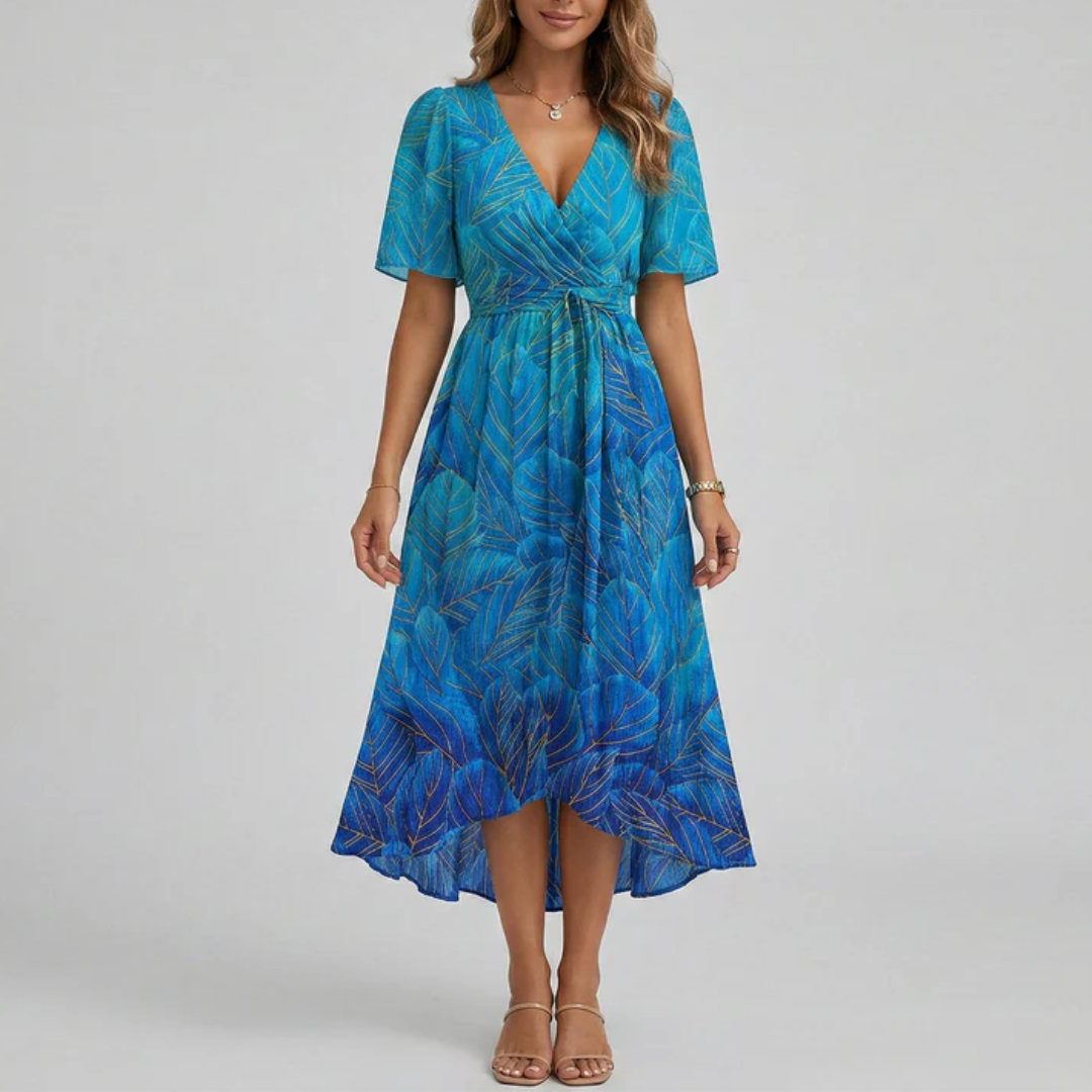Robe midi col V imprimé floral dégradé bleu roi, jupe asymétrique