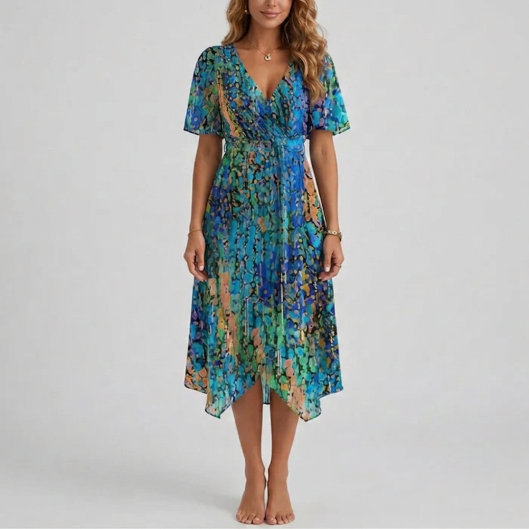Robe midi florale bleu turquoise à imprimé feuilles, coupe portefeuille
