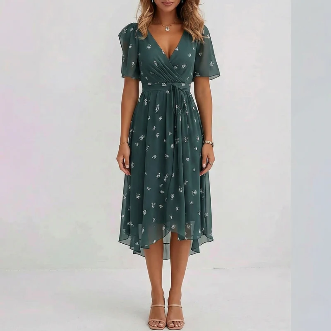 Robe midi portefeuille vert foncé à pois, silhouette mi-longue féminine