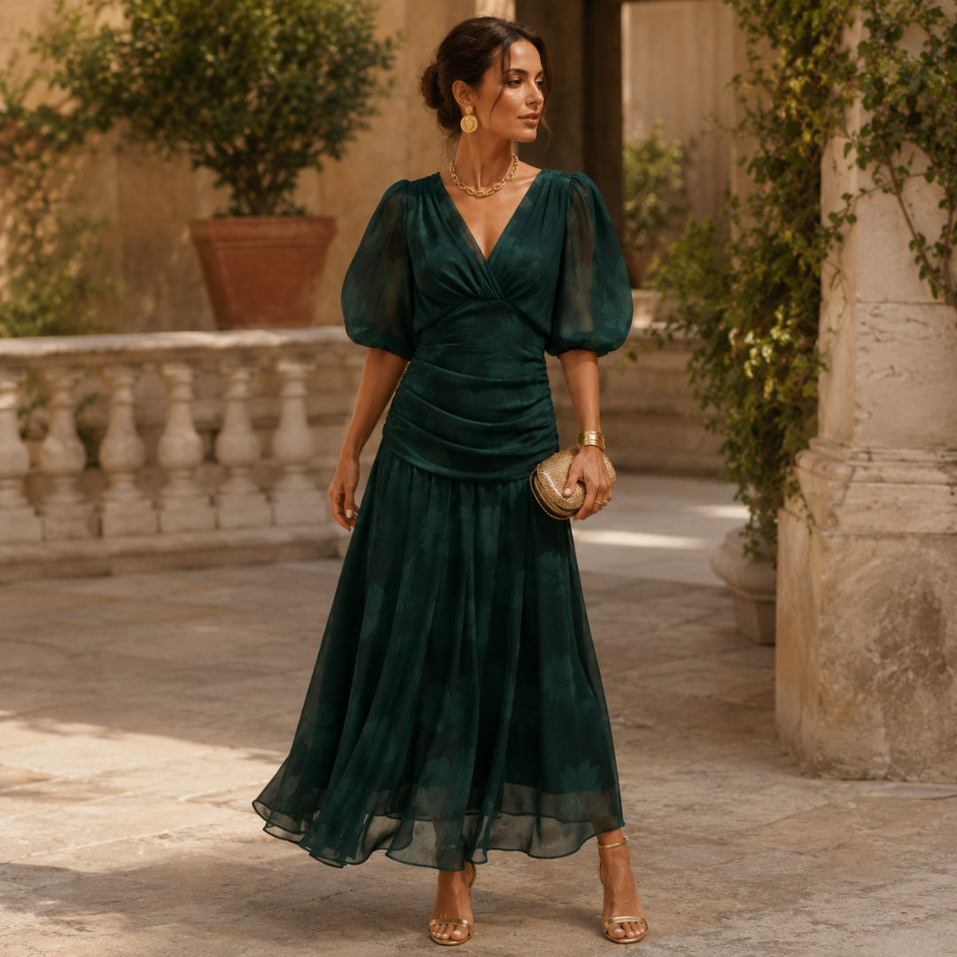 Robe midi femme vert foncé, col V plongeant et jupe évasée avec volant