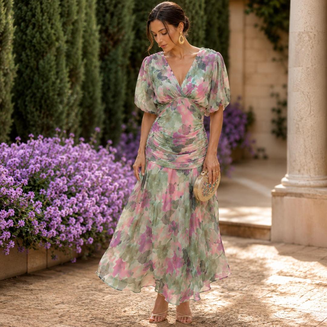 Robe midi femme imprimé floral vert, manches bouffantes et jupe ample