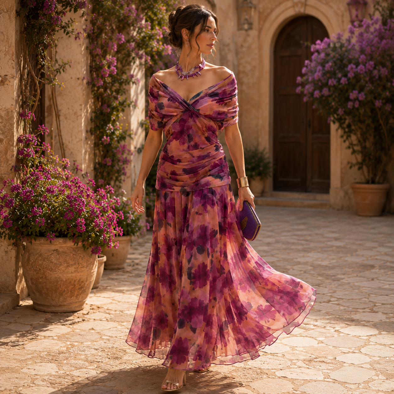 Robe midi femme col V manches bouffantes imprimé floral violet, vue de face