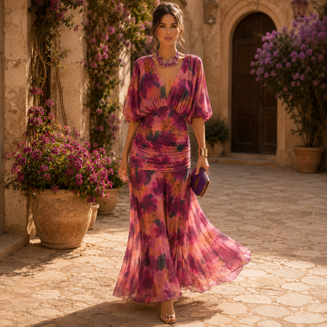 Robe midi femme col V manches bouffantes imprimé floral violet, vue de face