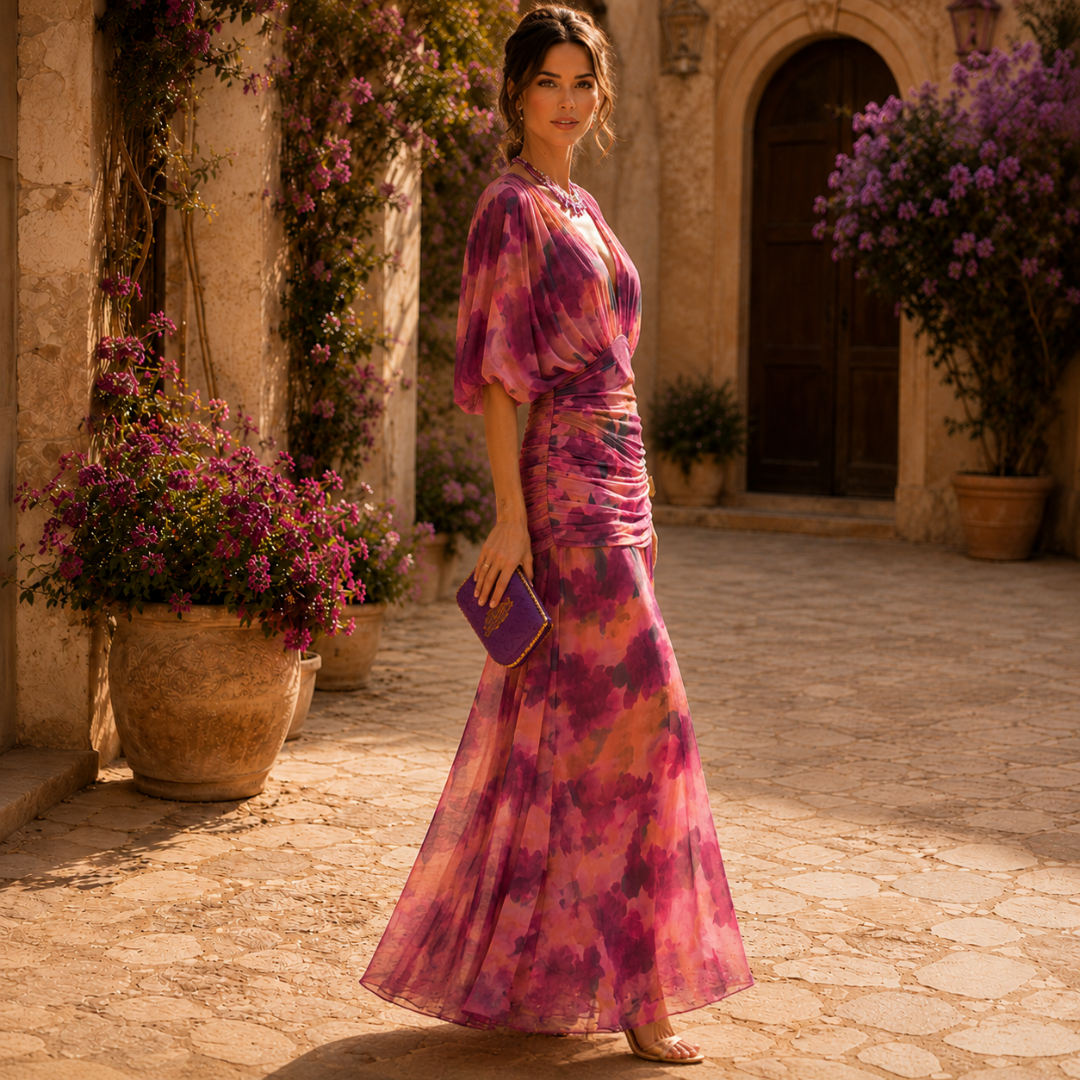 Robe midi femme à fleurs violettes, silhouette évasée en pied
