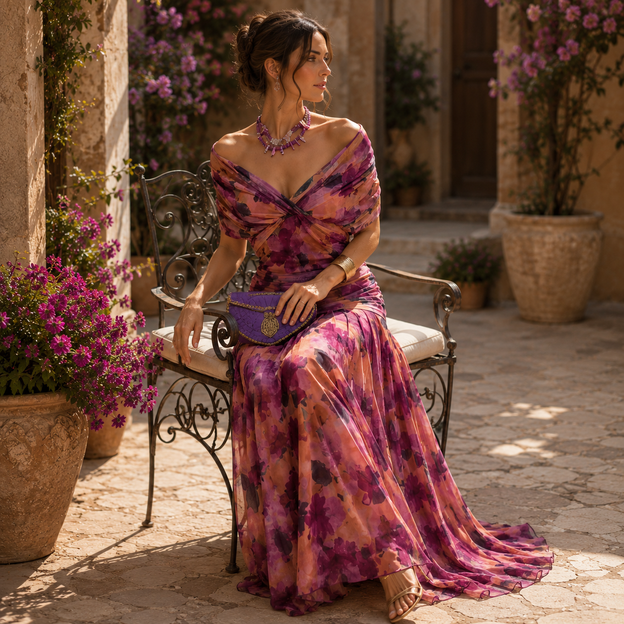 Robe midi floral violet, vue dos ou angle latéral, jupe évasée avec volant
