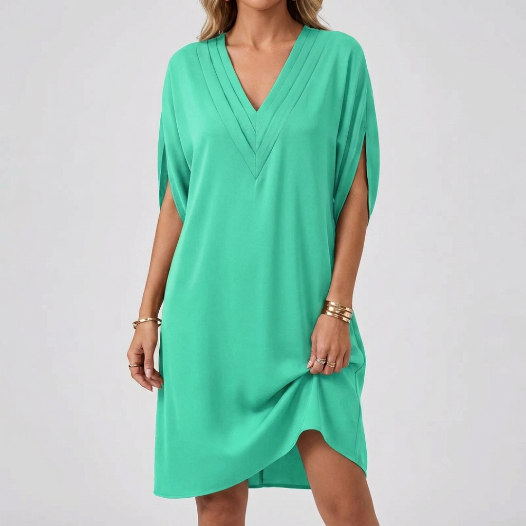 Robe femme midi col V manches chauve-souris vert printemps