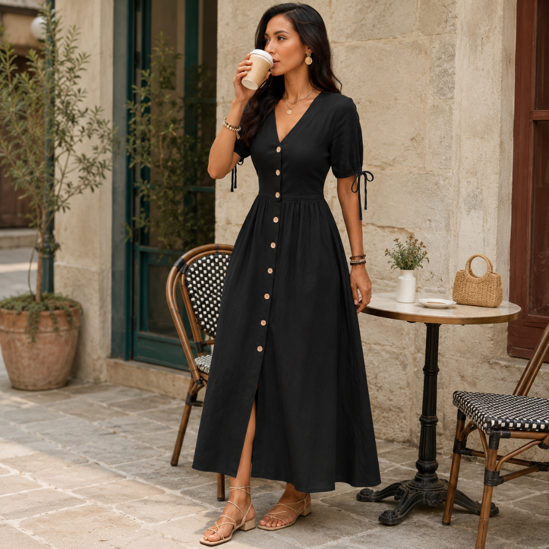 Robe midi noire boutonnée avec fente, jupe longue évasée en terrasse
