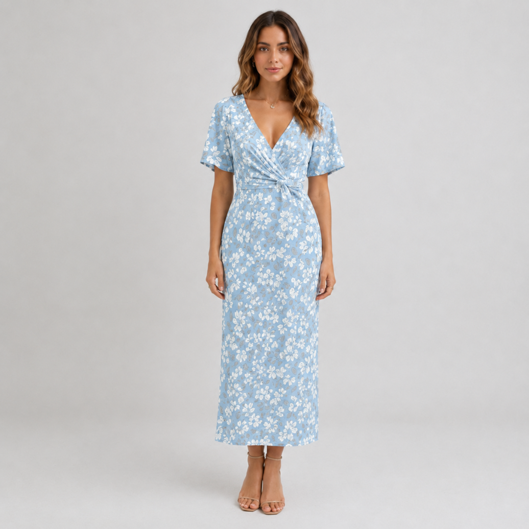 Robe midi bleu clair à imprimé floral, col V et détail noué à la taille