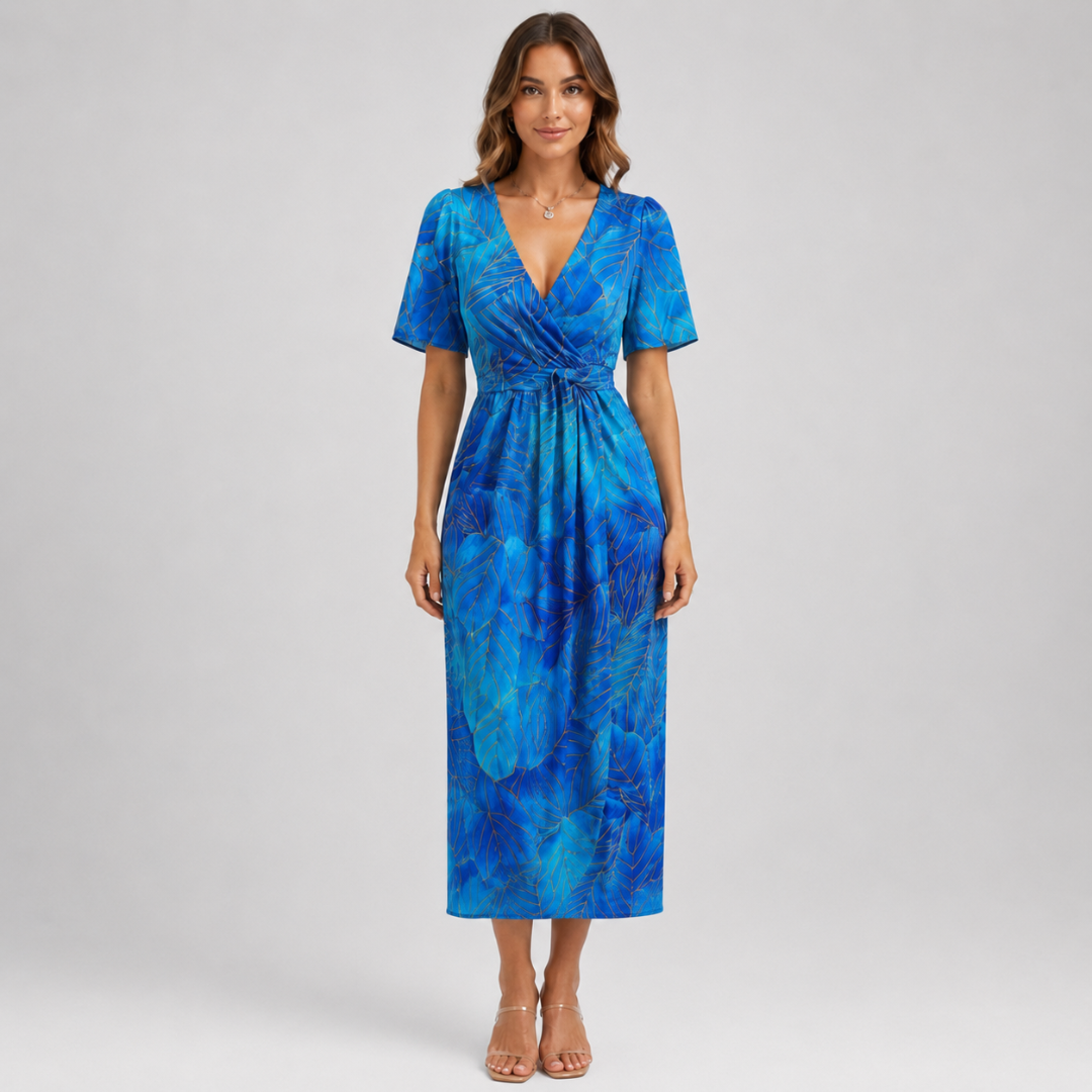 Robe midi bleu marine à motif feuillage, col V et manches courtes