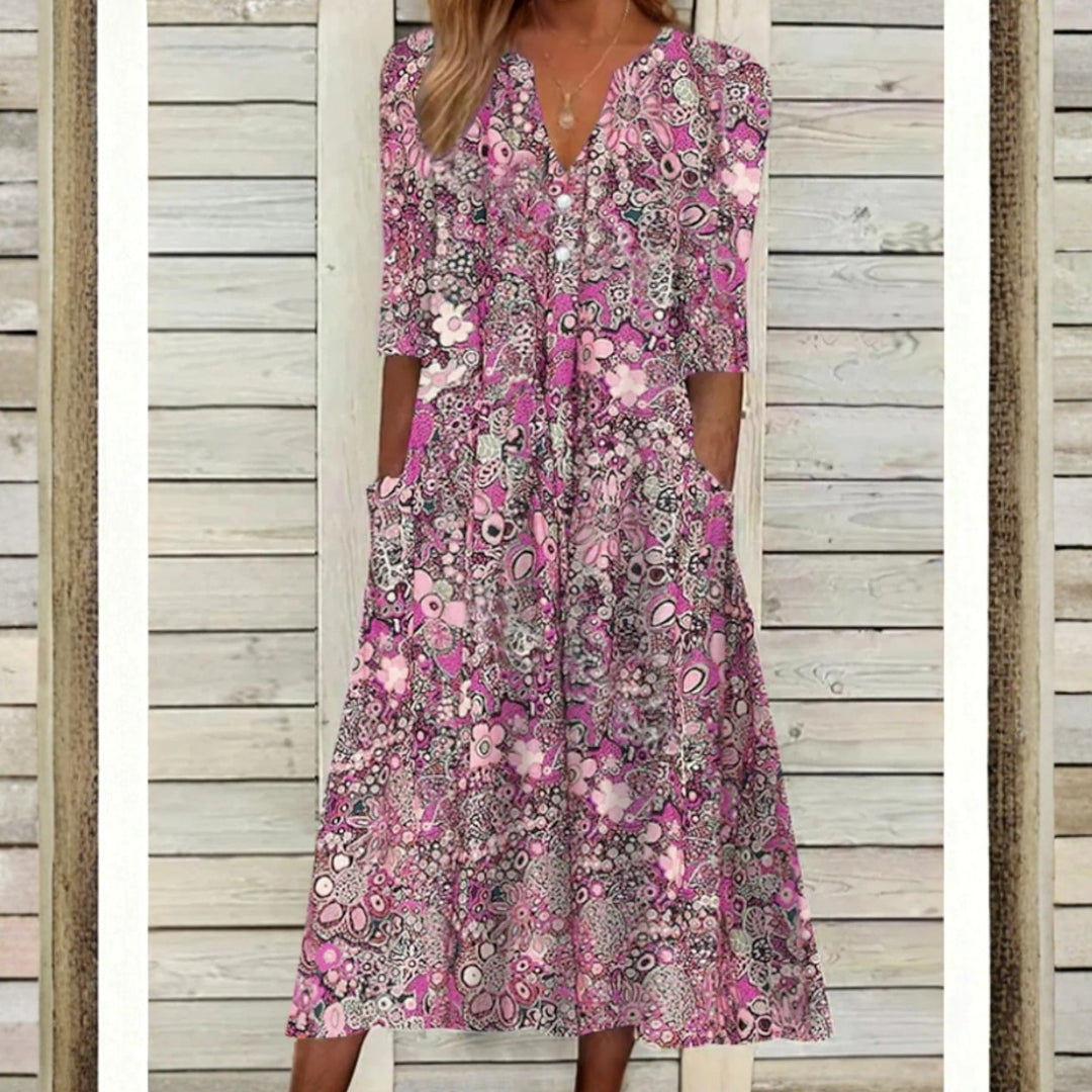 Robe femme midi fleurie rose rouge silhouette entière vue de face