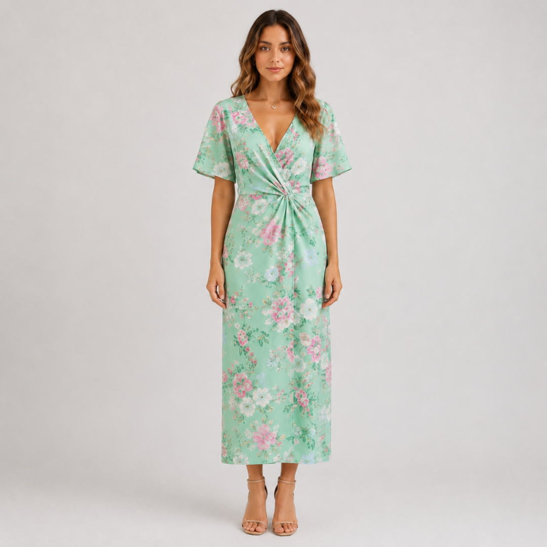 Robe midi vert clair à fleurs roses, col V et taille nouée